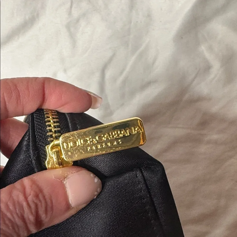 Dolce And Cabbana Black Satin Cosmetic Pouch with Gold Plaque
